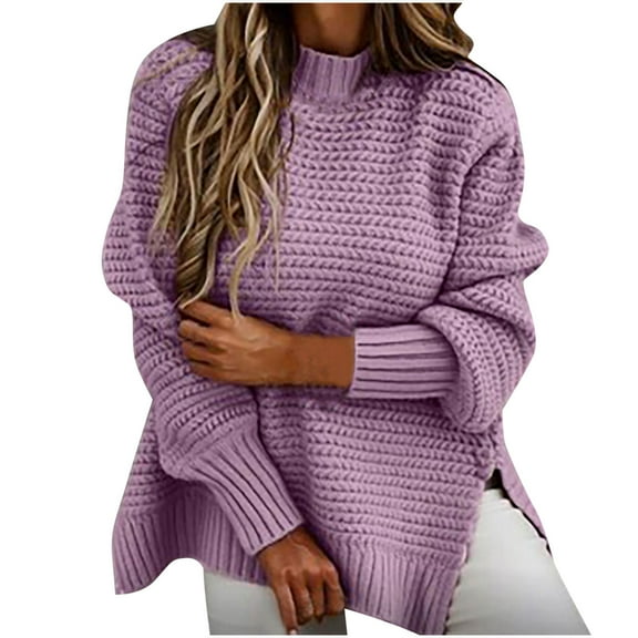 Solid Sweaters For Women Long Sleeve Crew Neck Pullover Chunky Waffle Side Slit Knit Sweater Jumper Tops