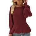 thumbnail image 1 of Solid Sweaters for Women Long Puff Sleeve Ruffle Hem Round Neck Ribbed Knits Babydoll Tunic Tops Fall Pullover Jumpers, 1 of 6