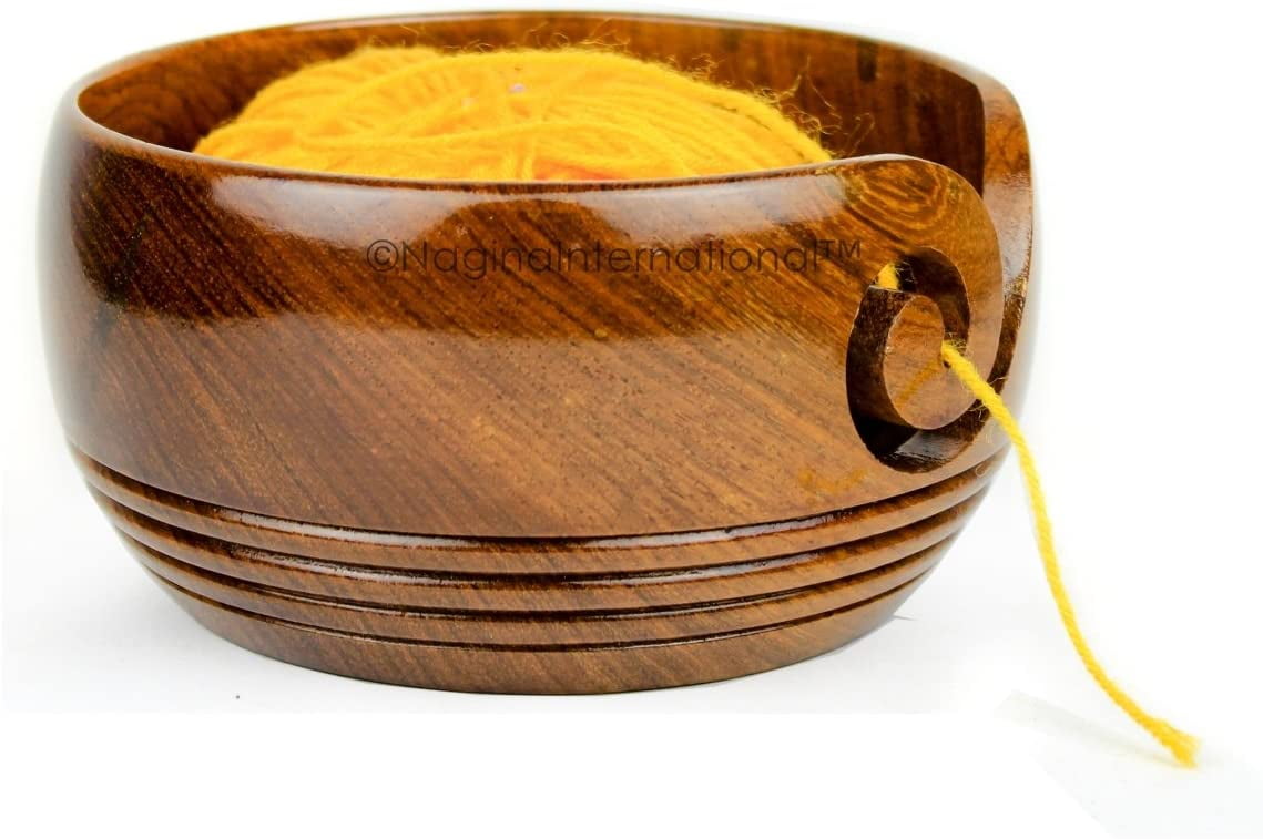 Solid Teak Wood Crafted Wooden Yarn Ball Storage Bowl with Spiral Yarn Dispenser & Decorative Rings | Knitting Crochet Accessories | Nagina International (Rosewood, Large)
