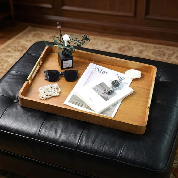 Solid Teak Wood Serving Tray with Handles, 20x14x2 Large Ottoman Tray for Living Room Kitchen Party Decorative Rustic Rectangular Tray for Home Coffee Table Breakfast Dinner Bar