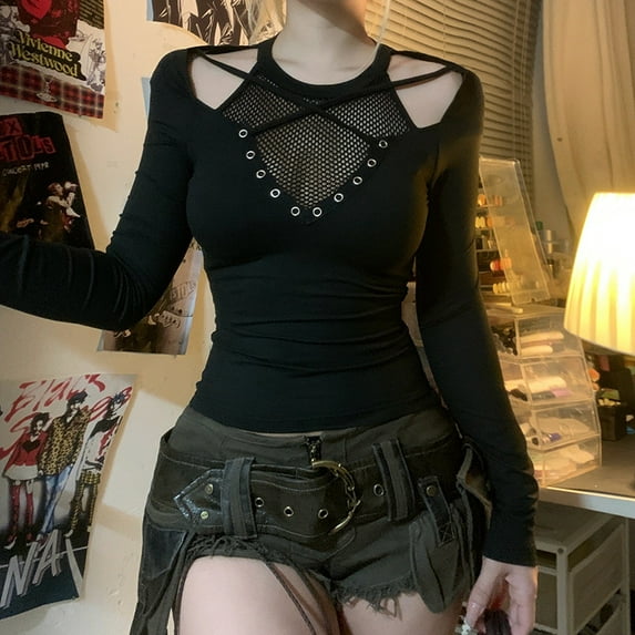 Solid Techwear Chic Irregular Grid Hollow Out T-shirt Mall Goth See Through Slim Tops Women Y2K Streetwear T-shirts