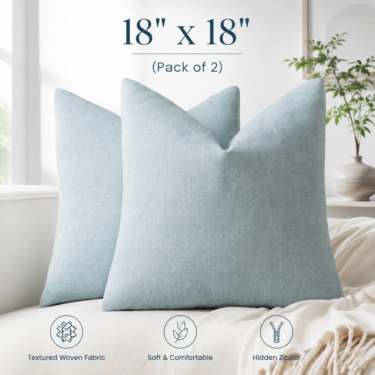 Solid Textured Chenille Throw Pillow Covers 18x18, Light Blue, Soft