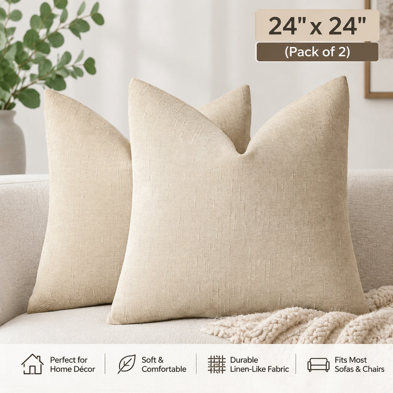 Solid Textured Chenille Throw Pillow Covers 24x24 Inch Beige Decorative