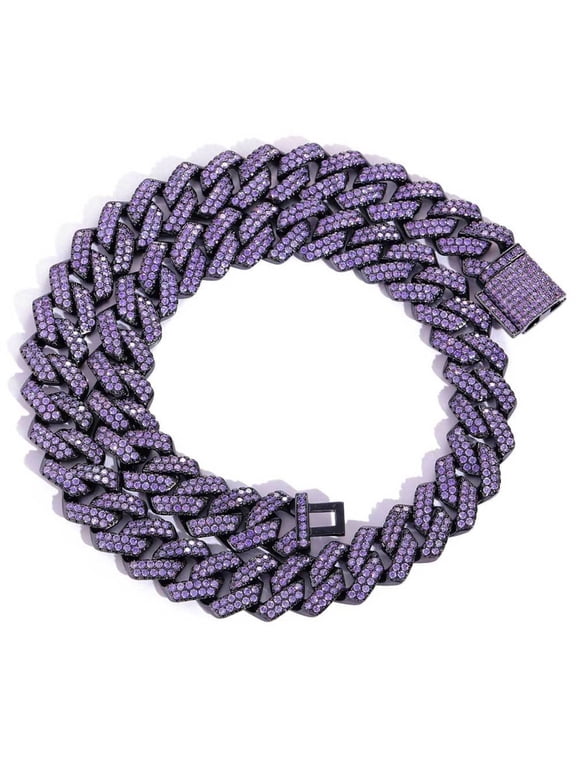 Solid Thick Big Iced Out Purple Cuban Link Chains, Width 15MM Hip Hop Miami Cuban Link Chain for Men, 16-24 Inch Sparkling Mens Necklace Chain, Gift Box Included
