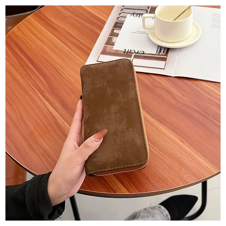 Solid Thread Zipper Long Faux Suede Wallet 2024 Hot Sale Bags for Women Simple Card Holder Note