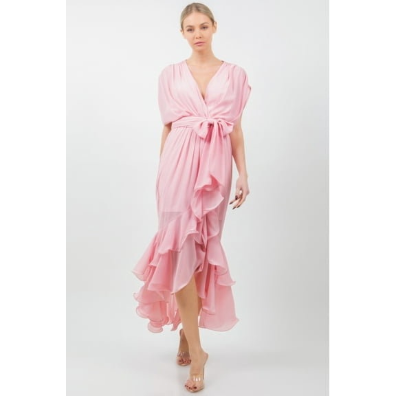 Solid Tie Waist Ruffle Midi Dress
