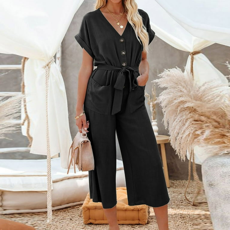 Work Street Solid With Belt V Neck Regular Jumpsuits Work Street Solid With Belt V Neck Regular Jumpsuits