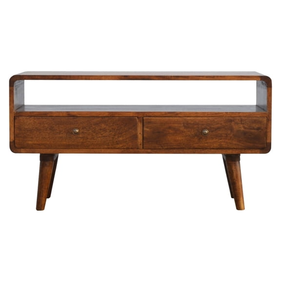 Solid Timber Media Cabinet | Features Drawers and Nordic Legs, for Books and Ornaments | Artisan-Crafted with Chestnut Finish | Overcomes Lack of Organized Storage