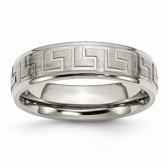 Solid Titanium Ridged Edge Greek Key Design 6mm / Wedding Brushed Matte Finish Band Ring Size 11