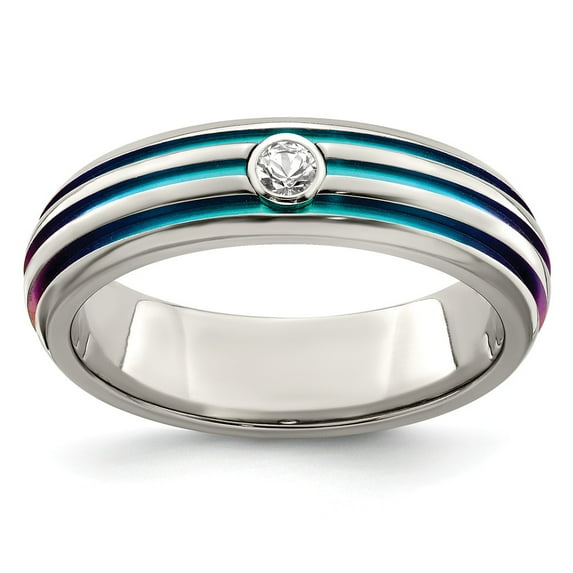 Solid Titanium Triple Groove Multicolor Anodized White Sapphire Wedding Band Ring Size 11.5