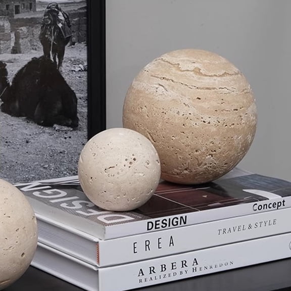 Solid Travertine Natural Marble Decorative Spheres (8/10/12cm Diameter) - Elegant Decor Accents for Living Room, Study Room, Hotel & Restaurant