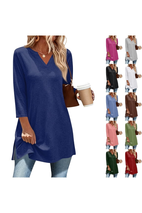 Solid Tunic Top for Women, V-Neck 3/4 Sleeve Pullover Shirt - Loose Fit Casual Long Blouse with Side Slits Pink M