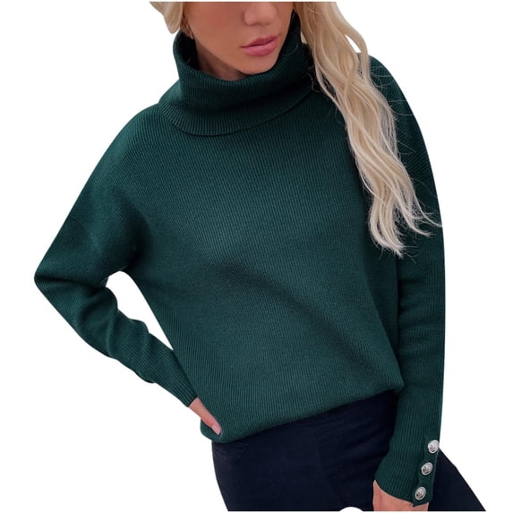 Solid Turtleneck Sweaters for Women 3 Button Long Batwing Sleeve Knitted Tops Fall 2026 Trendy Ladies Pullover Jumper Green,S