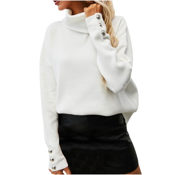 Solid Turtleneck Sweaters for Women 3 Button Long Batwing Sleeve Knitted Tops Fall 2025 Trendy Ladies Pullover Jumper White,XL