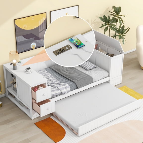 Solid Twin Daybed In White With Arm Storage, Trundle & Electrical Charging - And Wood Construction