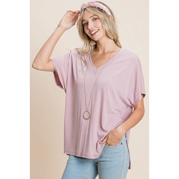 Solid V Neck Casual And Basic Top With Short Dolman Sleeves And Side Slit Hem Mauve ' S