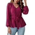 thumbnail image 1 of Solid V Neck Long Sleeve Textured Peplum Hem Blouse for Women Burgundy Large, 1 of 5