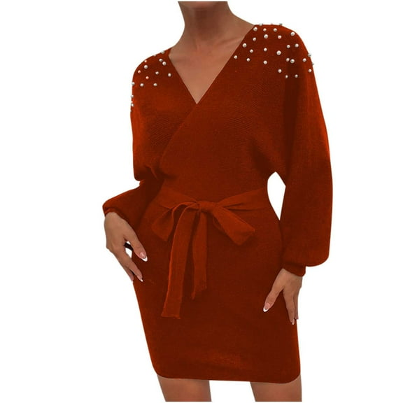 Solid V-Neck Wrap Dress for Women Tie Waist Puff Sleeve Pencil Dresses Casual Short Dress