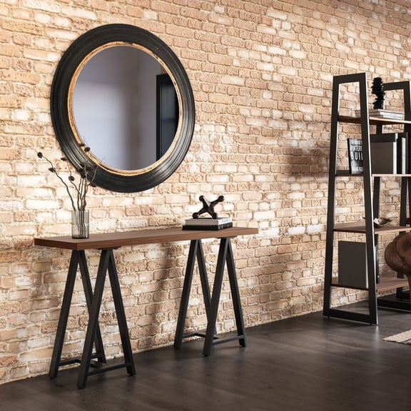 Solid Walnut Veneer & Metal Console Sofa Table - Industrial Retro Design, 50" W x 16.5" D x 29.5" H, Dark Brown Living Room Furniture