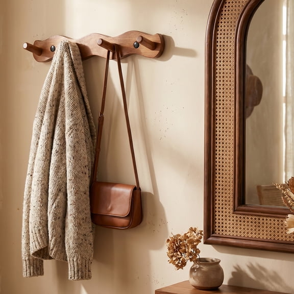 Solid Walnut Wood Wall Mounted Coat Rack with 4 Hooks Decorative Hanging Rail for Entryway