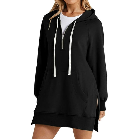 Solid Warm Zipper Hoodie Sweatshirts, Pullover Long Sleeve with Pockets, Cozy Tops for Fall Winter, Black L, Size S-XXXL