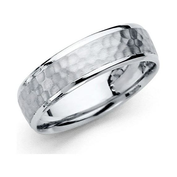 Solid Wedding Ring 14k White Gold Band Hammered Finish Polished Edge Comfort Fit Men Women 5.5 mm, Size 8.5