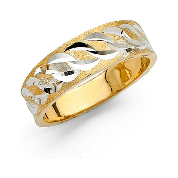 Solid Wedding Ring Solid 14k Yellow White Gold Band Tapered Diamond Cut Two Tone Style Men Women 6 mm, Size 5