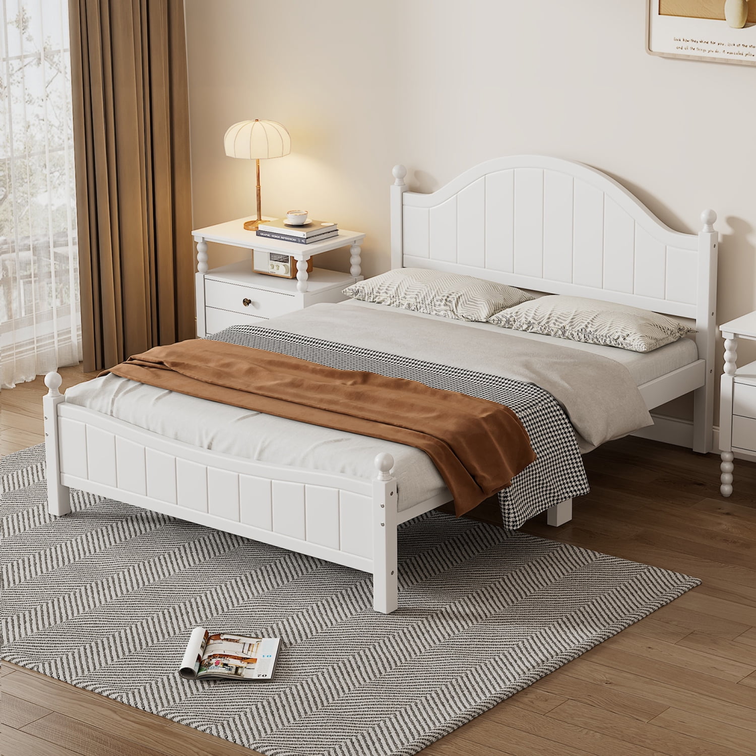 Solid White Full Size Platform Bed Frame with Traditional Concise