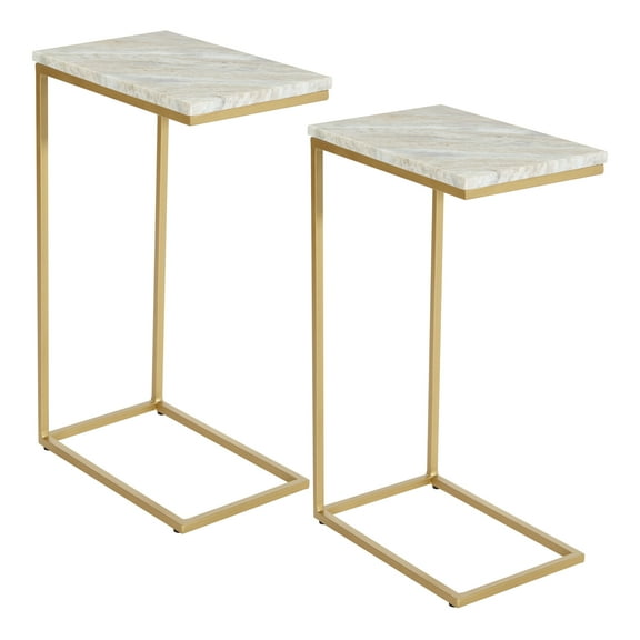 Solid White Marble Top C-Table with Gold Tone Metal Base 2-Pack