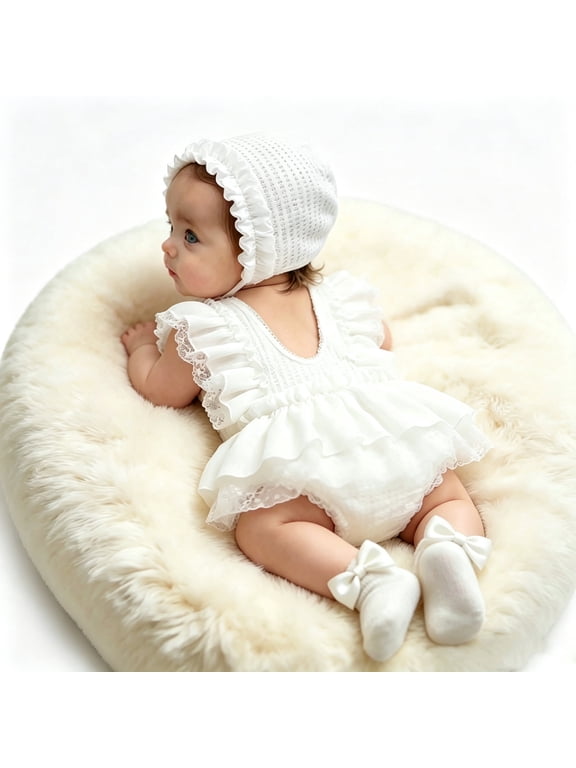 Solid White Sleeveless Lace Ruffle Romper Baby Girl Outfit Set Bonnet Hat Newborn Photography Baptism Tutu Dress for Outfit for 0-3 Month Infant