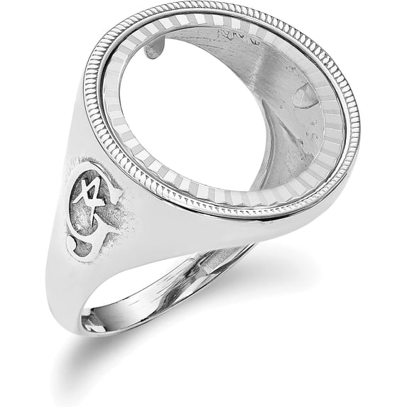 Solid Wideband Distinguished Coin Jewelry 14k White Gold Men's Polished Textured and Diamond-cut with Masonic Sides 16.5mm Coin Bezel Ring