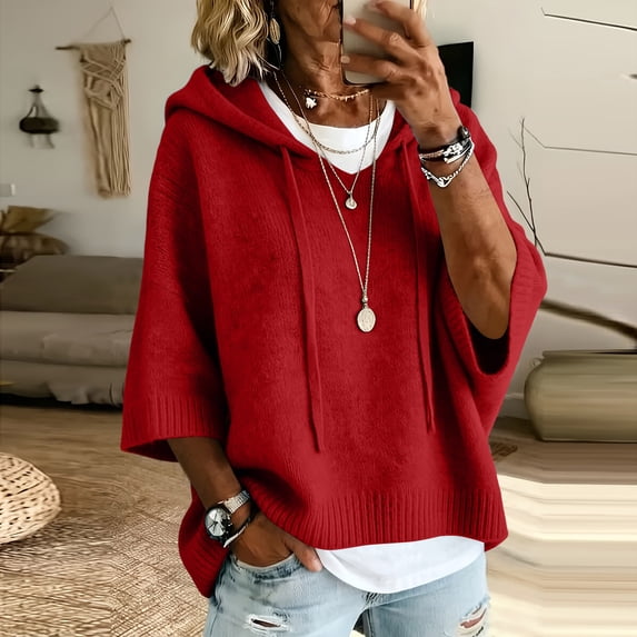 Solid Womens Hooded Knitted Pullover Sweater Drawstring Closure Batwing 3/4 Sleeves Oversized Loose Drop Shoulder Ribbed Hem Soft Cozy Casual Winter Fashion