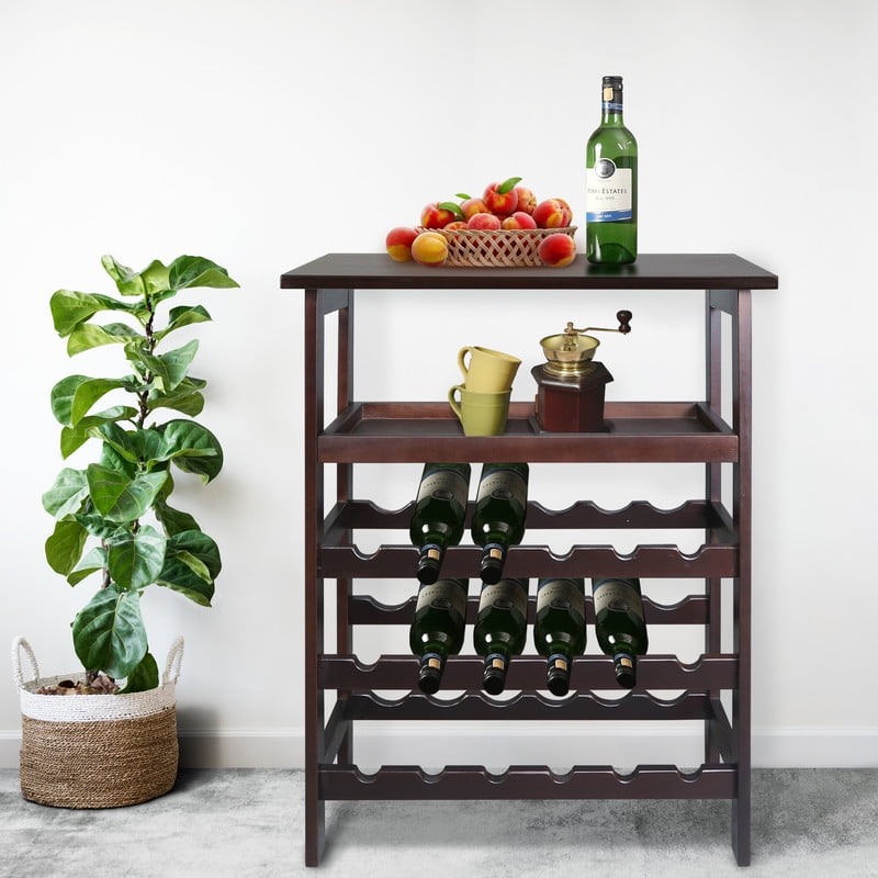 Solid Wood 18 Bottle Freestanding Wine Rack with Tabletop and Tray Walmart