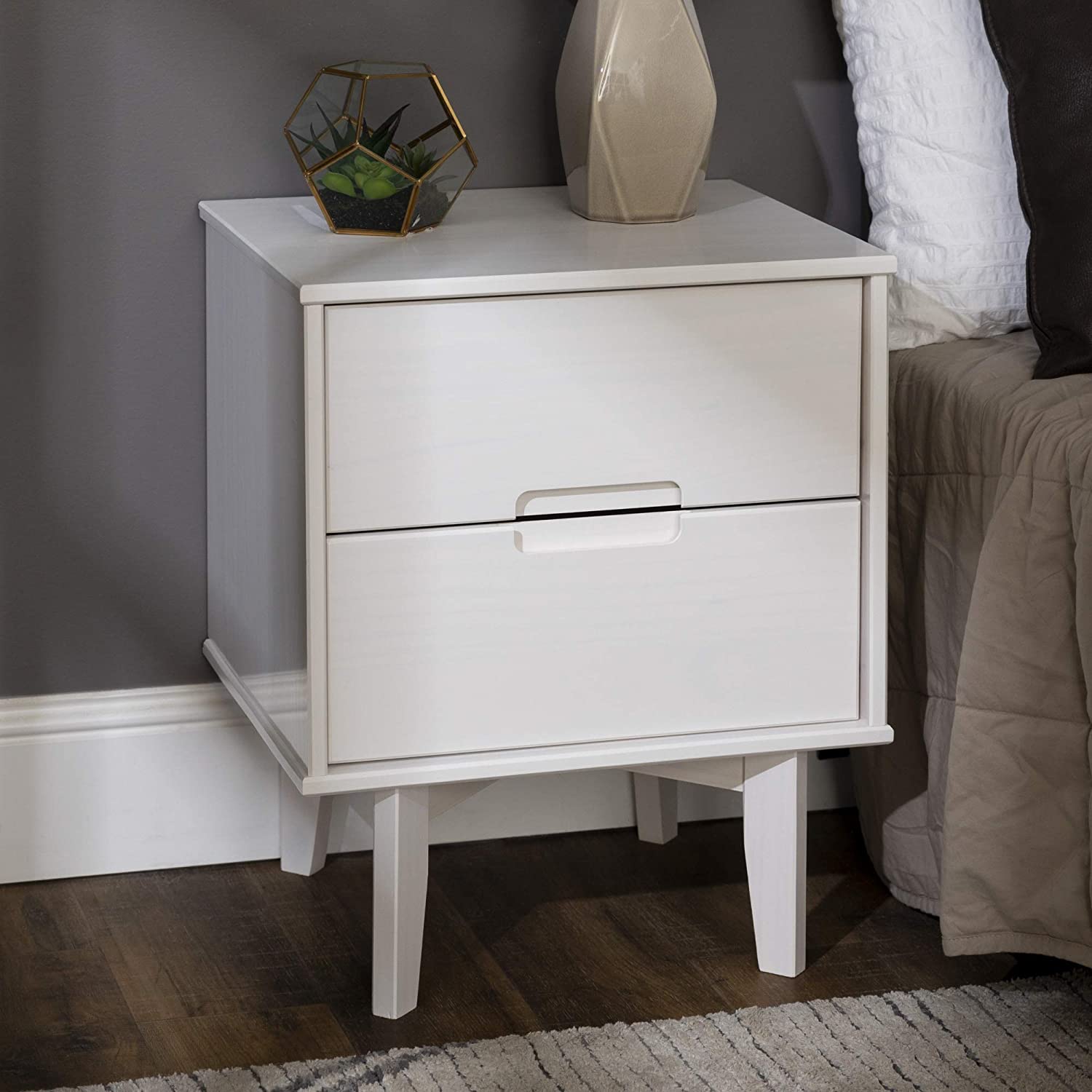 Solid Wood 2Drawer Groove Handle End Side Table Nightstand with