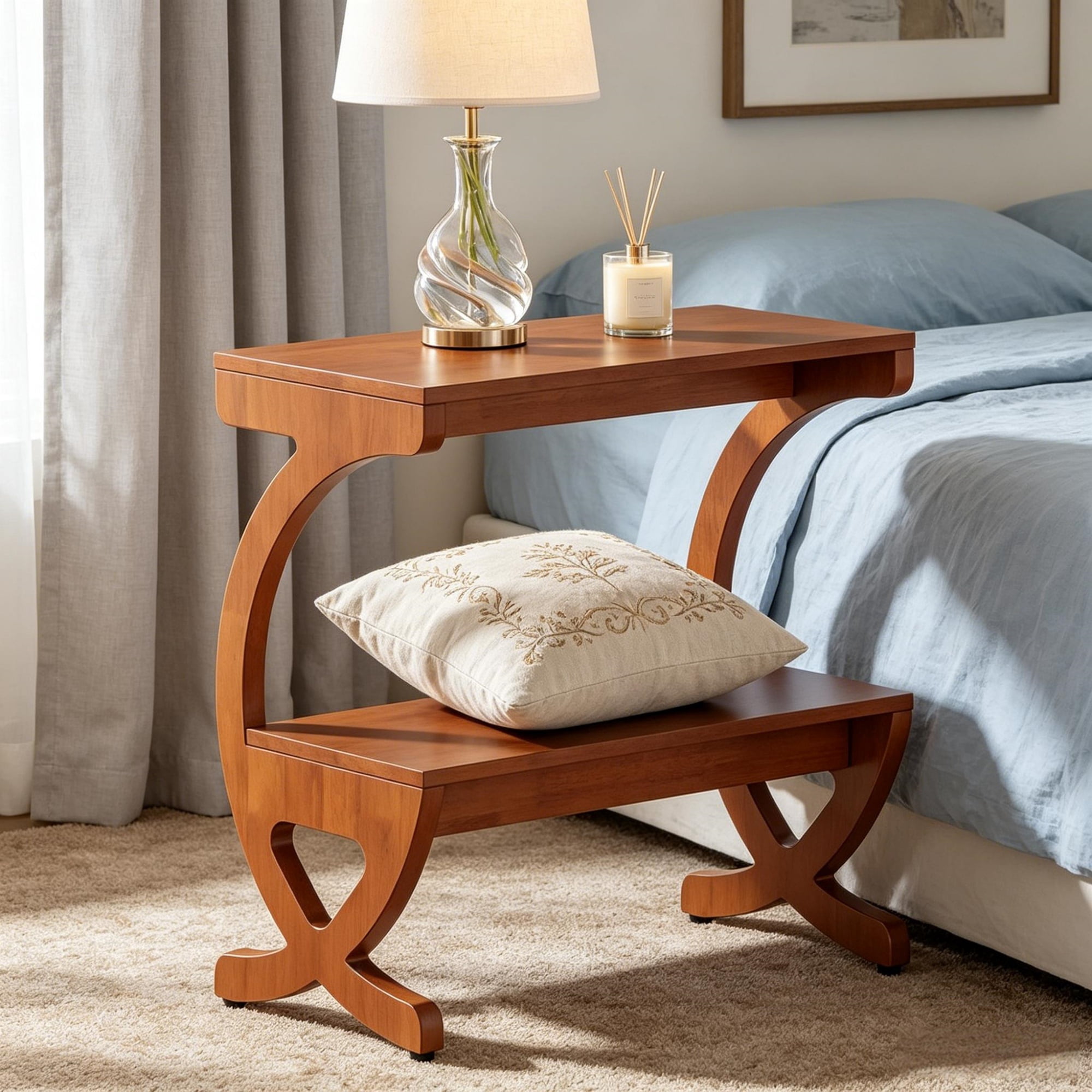 Solid Wood 2-Tier Narrow Side End Table, Slim Space Saving Sofa Side Nightstand with Open Storage Shelves, Stable Rubber Wood Frame Easy Assembly for Living Room Bedroom Entryway