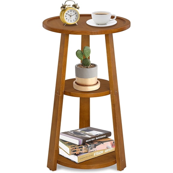 Solid Wood 3-Tier Round Side Table, End Table & Nightstand for Small Spaces, 13 Inch Compact Tiered Table for Living Room, Bedroom, Home Office (Amber Brown Finish)