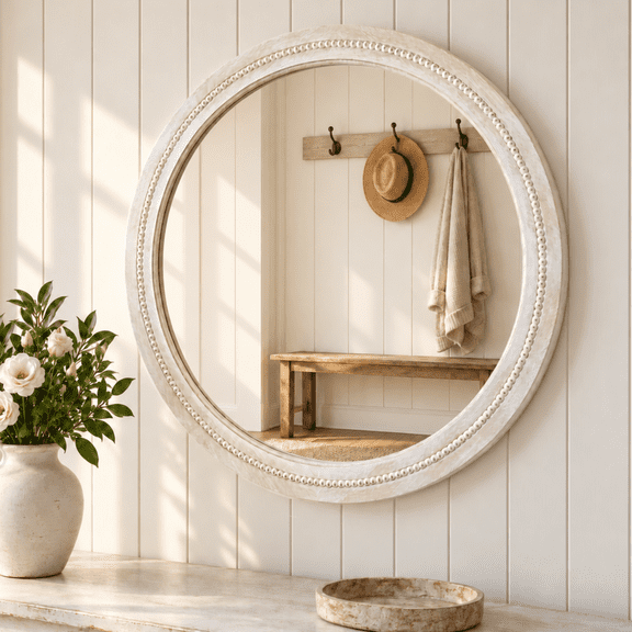 Solid Wood 30inch Round Beaded Vanity Wall Mirror, Rustic Farmhouse Distressed White Decor Mirror for Entryway & Bathroom