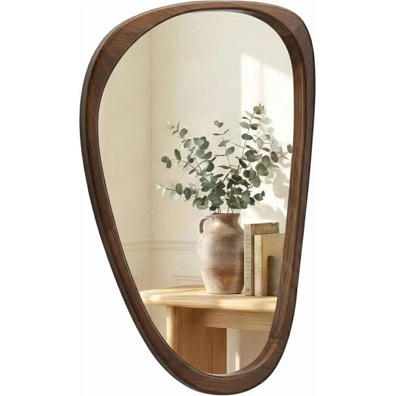 Solid Wood 30"x20" Irregular Asymmetrical Wall Mirror, Japandi Boho Mid-Century Modern Decorative Accent Mirror, Small Organic Shaped Wooden Wall-Mounted Mirror, Dark Walnut