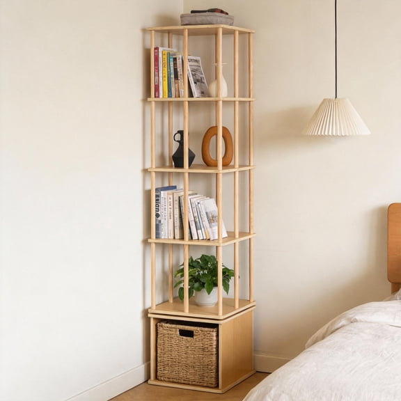 Solid Wood 360 Degree Rotating Bookshelf, 5-Tier Square Revolving Bookcase Tower, Freestanding Shelf for Bedroom Office Living Room