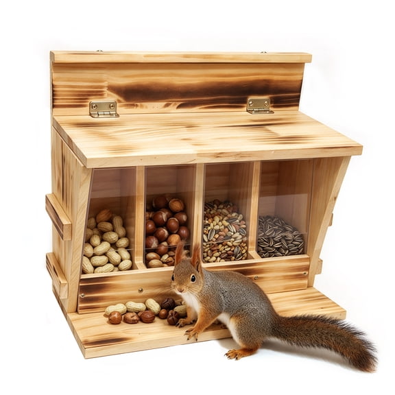 Solid Wood 4-Compartment Squirrel Feeder with Clear Acrylic Panels & Flip-Up Roof – Wide Feed Deck with Side Steps & Easy Refill – Quick Mount Kit for Tree or Fence – Backyard Wildlife Haven
