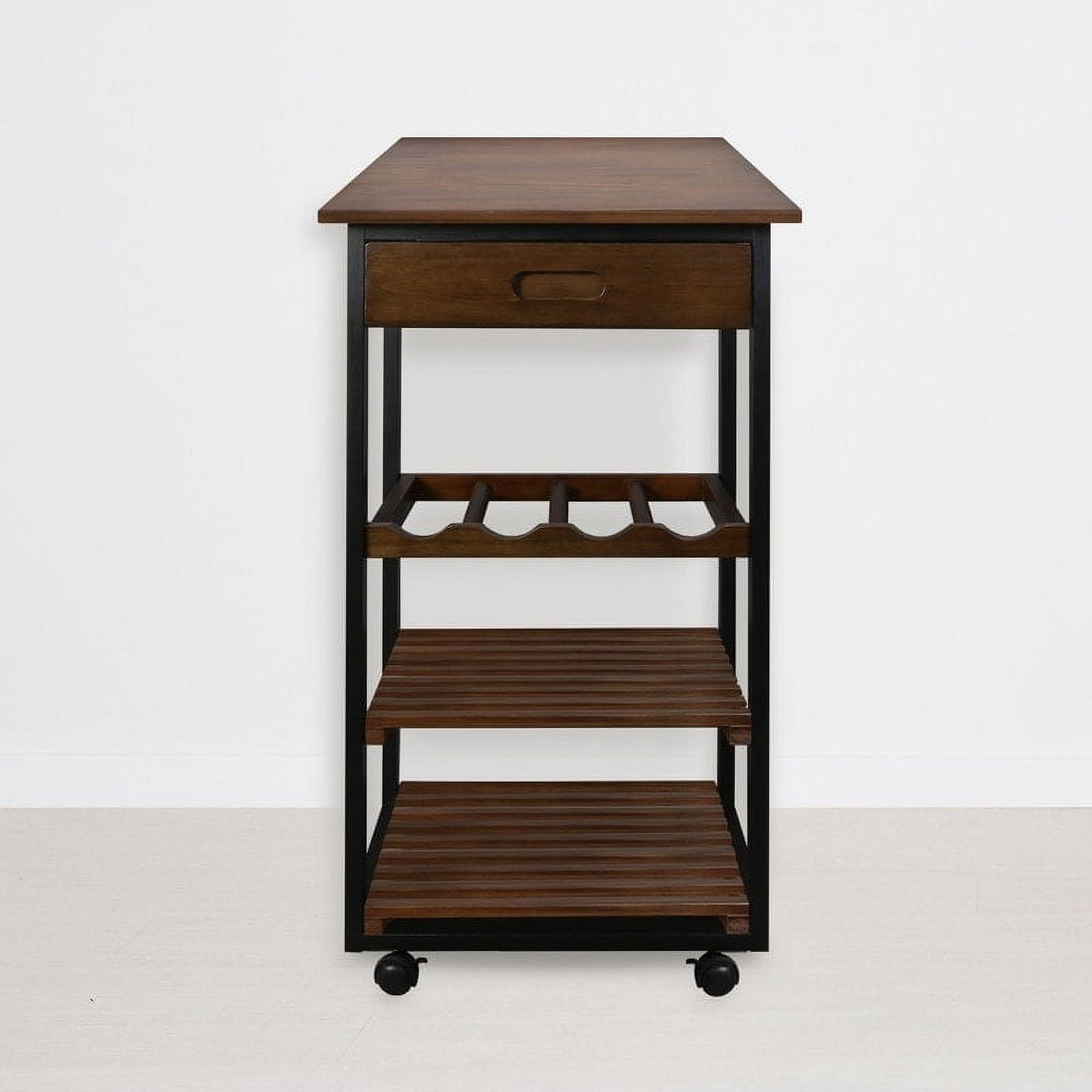 Solid Wood 4Tier Rolling Kitchen Cart with Wine Rack and Drawer