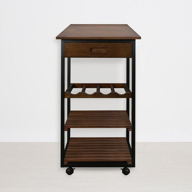 Solid Wood 4Tier Rolling Kitchen Cart with Wine Rack and Drawer
