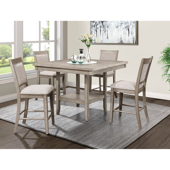 Solid Wood 5pc Dining With Square Table Top And Tan/beige Gray Upholstery Featuring Beige Upholstered Chairs