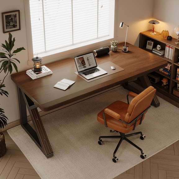 Solid Wood 63-Inch Extra Long Desk,Thickened Desk,Two Person Double Desk For Home Office, Wooden Long Computer Desk,Writing Table For Office, Walnut