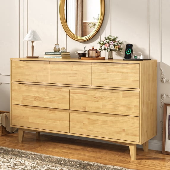 55" Solid Wood 7-Drawer Dresser with Power Outlet & USB Ports, Mid-Century Modern Pine Wood Chest of Drawers, Large Storage Cabinet for Bedroom/Living Room/Hallway, Natural