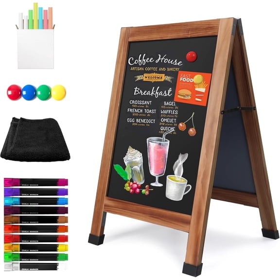 Solid Wood A-Frame Chalkboard - 30" x 20" Magnetic Sandwich Board Signs Outdoor Standing Chalk Board Easel Sidewalk Pizarra for Menu, Business, Wedding - Rustic Brown