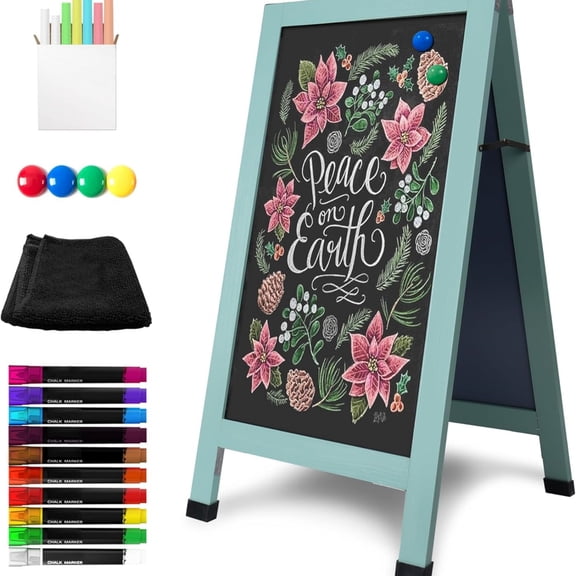 Solid Wood A-Frame Chalkboard - 40" x 20" Magnetic Sandwich Board Signs Outdoor Standing Chalk Board Easel Sidewalk Pizarra for Business, Wedding, Garden - Green