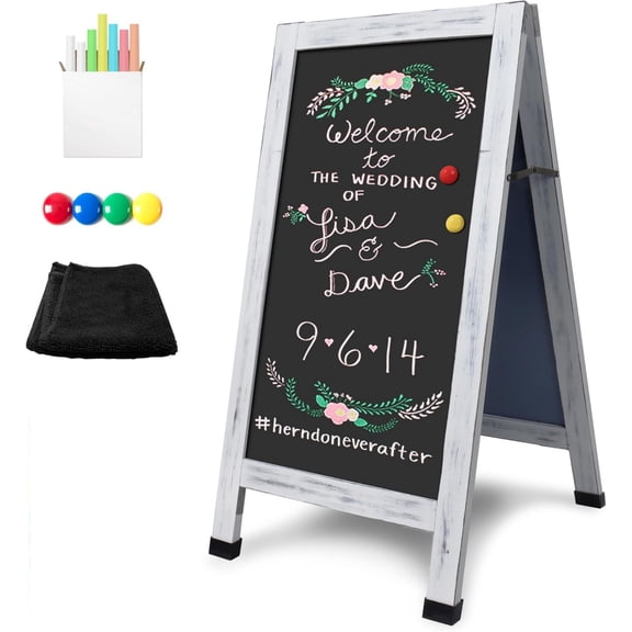 Solid Wood A-Frame Chalkboard - 40" x 20" Magnetic Sandwich Board Signs Outdoor Standing Chalk Board Easel Sidewalk Pizarra for Wedding, Business, Party - Rustic White