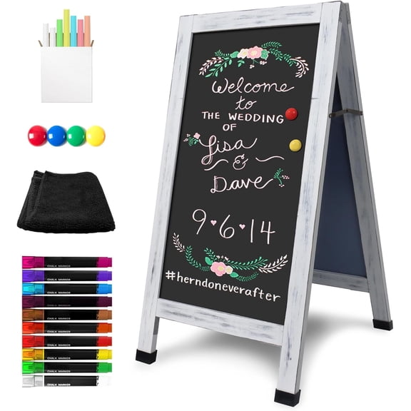Solid Wood A-Frame Chalkboard - 40" x 20" Magnetic Sandwich Board Signs Outdoor Standing Chalk Board Easel Sidewalk Pizarra for Wedding, Business, Party - Rustic White