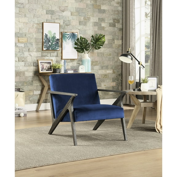 Solid Wood Accent Chair, Navy Velvet Upholstery, Antique Gray Finish, Retro Modern Home Wood, 17 In. Package Height, 22" Seat Depth, 30" Width